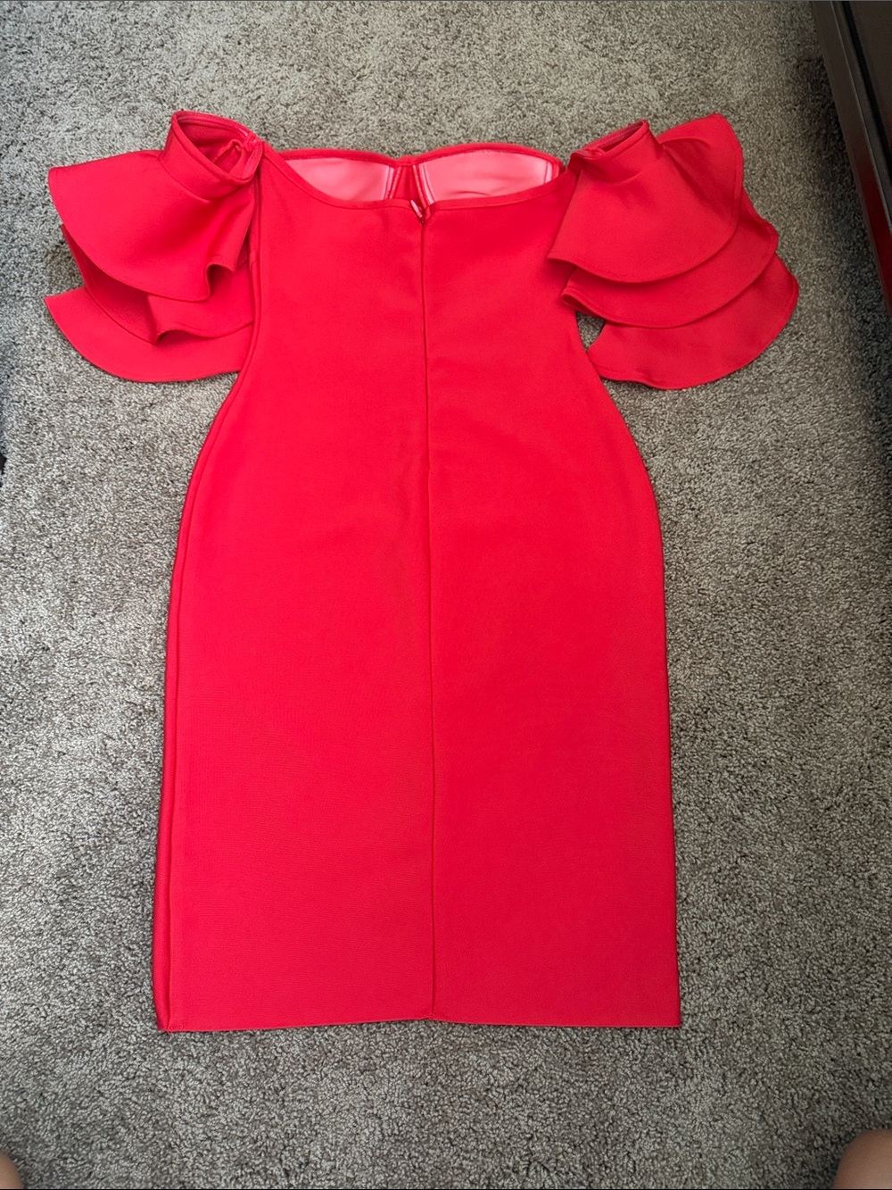 Red Off-Shoulder Ruffle Sleeve Bodycon Dress - Picture 7 of 10